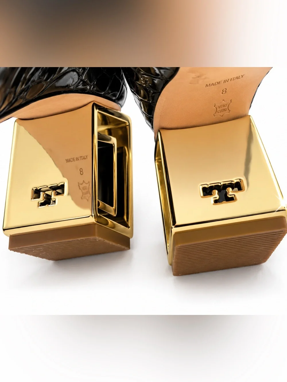 Tory Burch Black Croc Embossed Leather Gold Block Heel Size 8 w/ Box